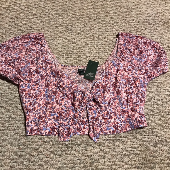 Wild Fable Pink Floral Puff Sleeve Crop Top Tied Front - Picture 3 of 7